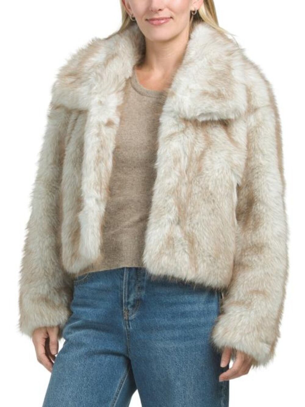 NVLT Cropped Faux Fur Coat With Oversized Collar